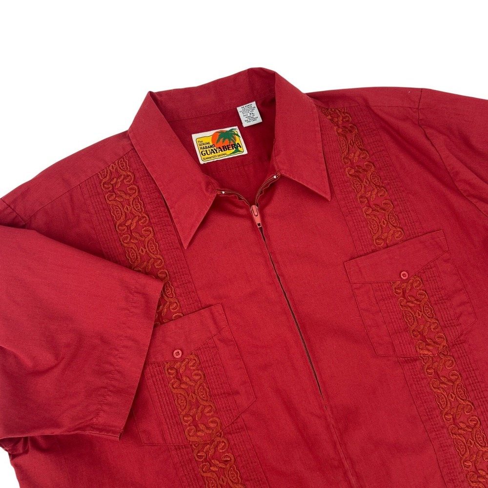 Haband Guayabera‎ Shirt Mens XL Red Short Sleeve Full Zip Embroidered Cuban XL